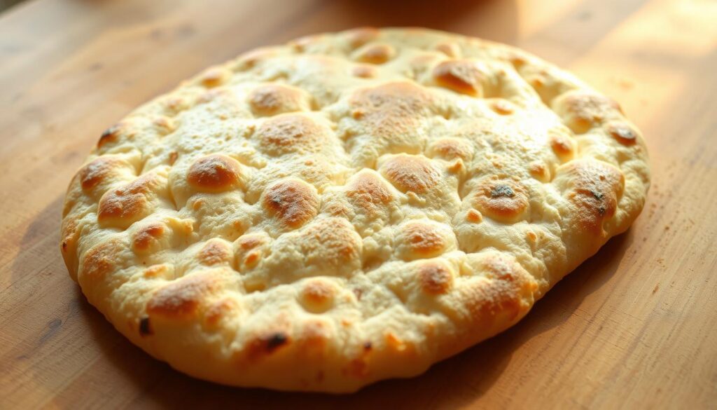 A freshly baked, artisanal-style flatbread resting on a rustic wooden surface, its golden-brown crust glistening under the soft, natural lighting of a cozy kitchen. The dough has a delightfully airy texture, with visible pockets of air bubbles and a slightly charred, lightly seasoned exterior. The flatbread is framed by a neutral background, allowing the simplicity and homemade appeal of the dish to shine. The overall composition and lighting create a warm, inviting atmosphere, conveying the idea of embracing the joy of uncomplicated, yet delicious, home-cooked meals. A freshly baked, artisanal-style flatbread resting on a rustic wooden surface, its golden-brown crust glistening under the soft, natural lighting of a cozy kitchen. The dough has a delightfully airy texture, with visible pockets of air bubbles and a slightly charred, lightly seasoned exterior. The flatbread is framed by a neutral background, allowing the simplicity and homemade appeal of the dish to shine. The overall composition and lighting create a warm, inviting atmosphere, conveying the idea of embracing the joy of uncomplicated, yet delicious, home-cooked meals.
