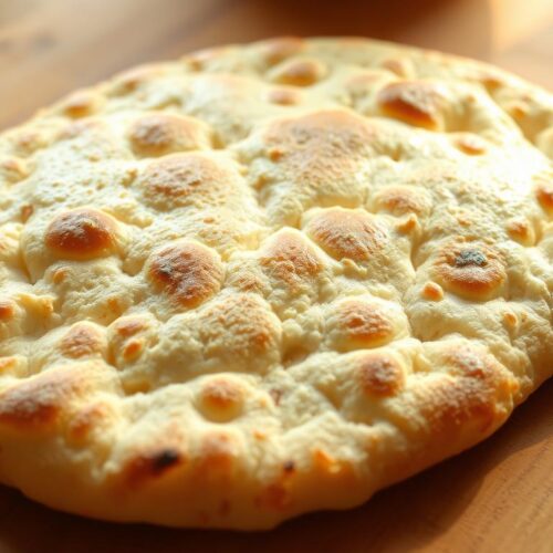 A freshly baked, artisanal-style flatbread resting on a rustic wooden surface, its golden-brown crust glistening under the soft, natural lighting of a cozy kitchen. The dough has a delightfully airy texture, with visible pockets of air bubbles and a slightly charred, lightly seasoned exterior. The flatbread is framed by a neutral background, allowing the simplicity and homemade appeal of the dish to shine. The overall composition and lighting create a warm, inviting atmosphere, conveying the idea of embracing the joy of uncomplicated, yet delicious, home-cooked meals.