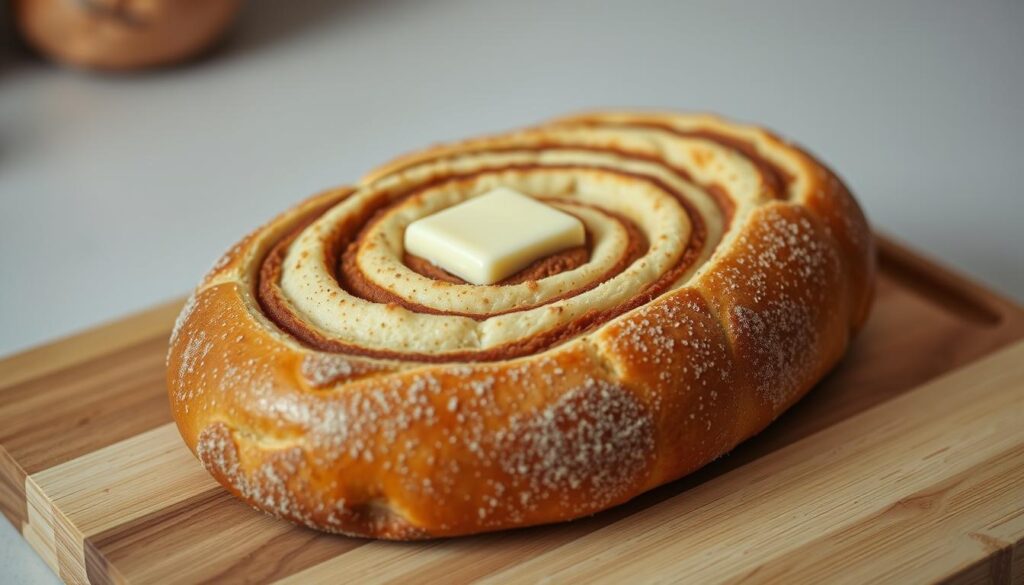 A freshly baked cinnamon swirl bread sits atop a wooden cutting board, the surface glistening with a light coating of butter. The bread's spiraled pattern is prominently displayed, the cinnamon-sugar mixture creating a warm, inviting aroma that fills the air. The lighting is soft and diffused, casting a cozy glow on the scene. The image is captured from a slight high angle, allowing the bread's texture and layered interior to be clearly visible. The background is blurred, keeping the focus solely on the delectable cinnamon bread machine creation. A freshly baked cinnamon swirl bread sits atop a wooden cutting board, the surface glistening with a light coating of butter. The bread's spiraled pattern is prominently displayed, the cinnamon-sugar mixture creating a warm, inviting aroma that fills the air. The lighting is soft and diffused, casting a cozy glow on the scene. The image is captured from a slight high angle, allowing the bread's texture and layered interior to be clearly visible. The background is blurred, keeping the focus solely on the delectable cinnamon bread machine creation.