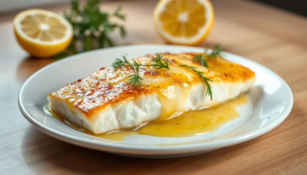 A freshly baked, golden-brown cod fillet rests on a white ceramic plate, glistening with a vibrant lemon-butter sauce. The fish is garnished with vibrant sprigs of dill, adding a touch of freshness. Soft, ambient lighting illuminates the scene, casting a warm, inviting glow. The background is softly blurred, allowing the delectable cod to take center stage. The overall composition conveys a sense of simplicity, highlighting the healthy, wholesome nature of this lemon-butter baked cod dish. A-freshly-baked-golden-brown-cod-fillet-rests-on-a-white-ceramic-plate-glistening-with-a
