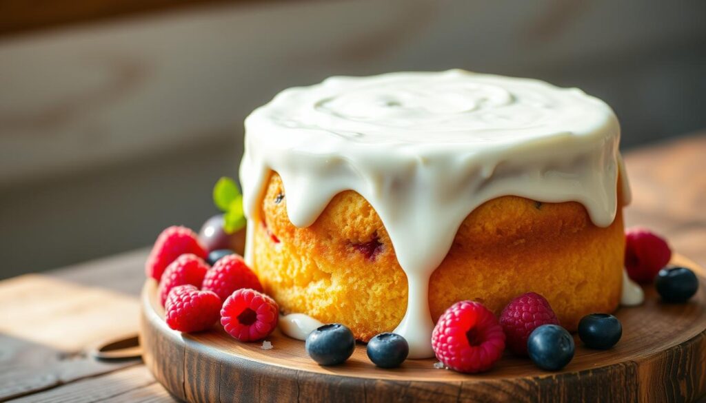 A freshly baked keto yogurt cake sits on a rustic wooden table, its soft, golden crumb glistening under the warm, natural light. Vibrant berries, such as raspberries and blueberries, are carefully arranged around the cake, adding a pop of color and a touch of sweetness. The cake is adorned with a light, creamy yogurt frosting that gently cascades down the sides, creating a delectable and visually appealing dessert. The background is subtly blurred, allowing the cake to take center stage and showcase its mouthwatering texture and flavor. The overall scene evokes a sense of wholesome, healthful indulgence, perfectly capturing the essence of a keto yogurt cake. A freshly baked keto yogurt cake sits on a rustic wooden table, its soft, golden crumb glistening under the warm, natural light. Vibrant berries, such as raspberries and blueberries, are carefully arranged around the cake, adding a pop of color and a touch of sweetness. The cake is adorned with a light, creamy yogurt frosting that gently cascades down the sides, creating a delectable and visually appealing dessert. The background is subtly blurred, allowing the cake to take center stage and showcase its mouthwatering texture and flavor. The overall scene evokes a sense of wholesome, healthful indulgence, perfectly capturing the essence of a keto yogurt cake.