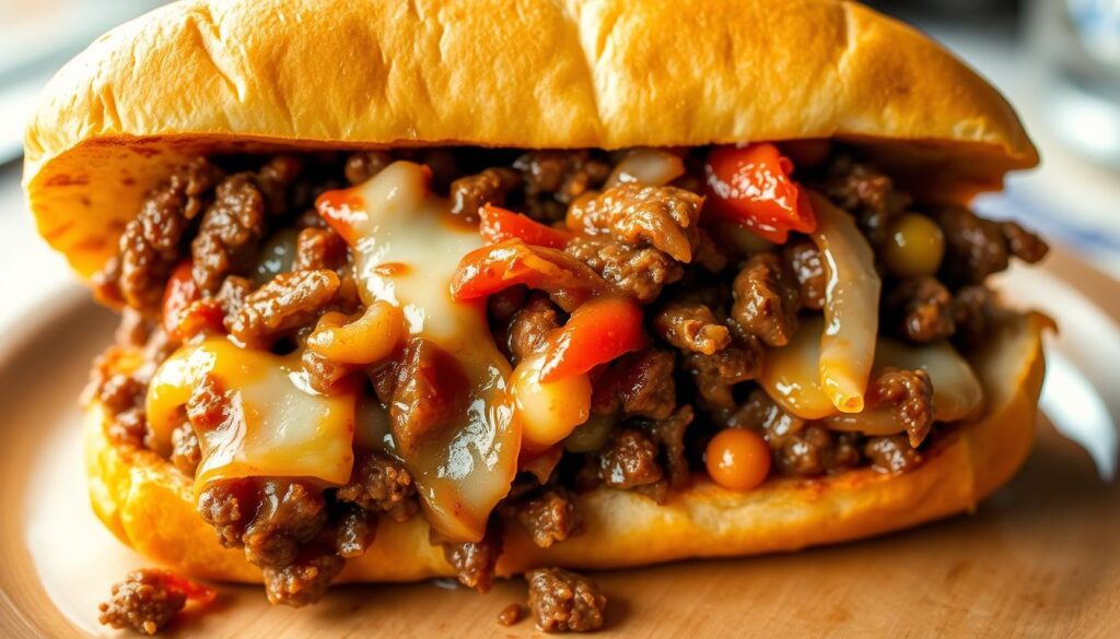 A generously stuffed Philly cheesesteak, its toasted hoagie roll bursting with tender beef, melted Provolone cheese, sautéed onions, and peppers, served as the base for a sloppy joe-style sandwich. Glistening with savory juices, the filling spills over the edges, inviting a messy, delightful experience. Vibrant colors and textures create an appetizing, almost irresistible scene, captured in a medium shot with natural lighting and a slightly elevated camera angle to showcase the layered components. The image evokes a cozy, homemade feel, enticing the viewer to take a bite of this clever fusion of two classic comfort foods. A generously stuffed Philly cheesesteak, its toasted hoagie roll bursting with tender beef, melted Provolone cheese, sautéed onions, and peppers, served as the base for a sloppy joe-style sandwich. Glistening with savory juices, the filling spills over the edges, inviting a messy, delightful experience. Vibrant colors and textures create an appetizing, almost irresistible scene, captured in a medium shot with natural lighting and a slightly elevated camera angle to showcase the layered components. The image evokes a cozy, homemade feel, enticing the viewer to take a bite of this clever fusion of two classic comfort foods.