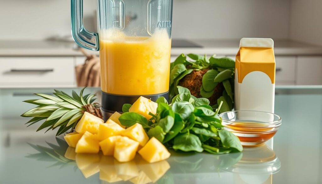 A glass table top with a colorful array of pineapple smoothie ingredients neatly arranged. In the foreground, fresh cut pineapple chunks, their golden hue reflecting the soft natural lighting. Beside them, a blender filled with translucent pineapple puree, its tantalizing aroma wafting through the air. In the middle ground, a handful of vibrant green spinach leaves, a carton of creamy coconut milk, and a drizzle of honey in a small glass bowl. The background features a neutral, minimalist kitchen setting, allowing the ingredients to take center stage. The entire scene is captured with a crisp, high-resolution lens, highlighting the textures and vibrant colors of the pineapple smoothie essentials. A glass table top with a colorful array of pineapple smoothie ingredients neatly arranged. In the foreground, fresh cut pineapple chunks, their golden hue reflecting the soft natural lighting. Beside them, a blender filled with translucent pineapple puree, its tantalizing aroma wafting through the air. In the middle ground, a handful of vibrant green spinach leaves, a carton of creamy coconut milk, and a drizzle of honey in a small glass bowl. The background features a neutral, minimalist kitchen setting, allowing the ingredients to take center stage. The entire scene is captured with a crisp, high-resolution lens, highlighting the textures and vibrant colors of the pineapple smoothie essentials.