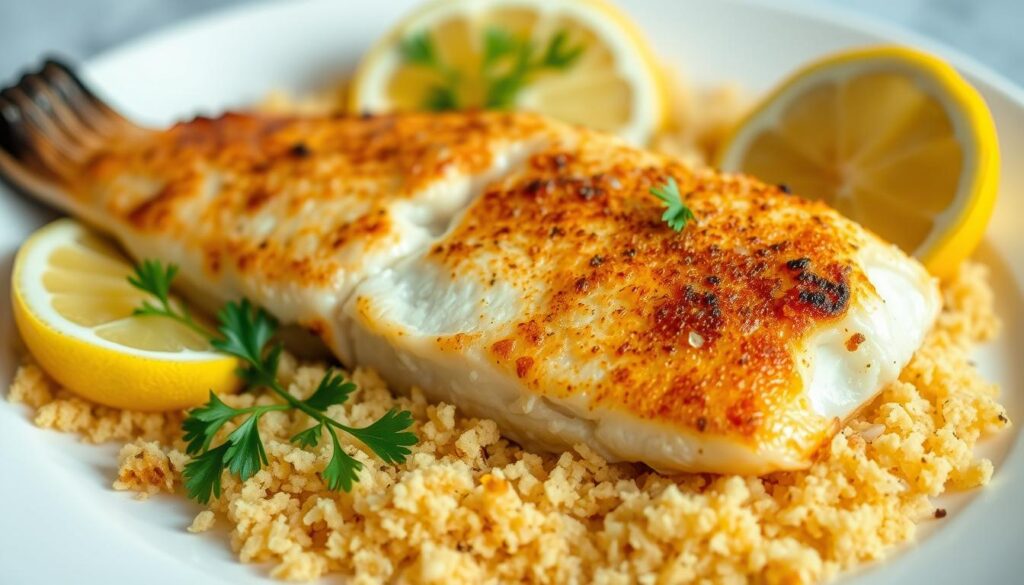 A golden-brown baked flounder fillet, fresh from the oven, its flaky texture and delicate flavor shining through. The fish is laid atop a bed of crisp, golden-brown breadcrumbs, creating a delightful contrast in both texture and taste. Lemon wedges and a scattering of vibrant green herbs, such as parsley or dill, adorn the plate, adding a touch of freshness and brightening the overall presentation. The lighting is soft and natural, casting a warm, inviting glow over the scene, highlighting the succulent, flavorful seafood dish. The camera angle is slightly elevated, giving a clear, unobstructed view of the plated flounder, showcasing its mouthwatering appeal. A golden-brown baked flounder fillet, fresh from the oven, its flaky texture and delicate flavor shining through. The fish is laid atop a bed of crisp, golden-brown breadcrumbs, creating a delightful contrast in both texture and taste. Lemon wedges and a scattering of vibrant green herbs, such as parsley or dill, adorn the plate, adding a touch of freshness and brightening the overall presentation. The lighting is soft and natural, casting a warm, inviting glow over the scene, highlighting the succulent, flavorful seafood dish. The camera angle is slightly elevated, giving a clear, unobstructed view of the plated flounder, showcasing its mouthwatering appeal.