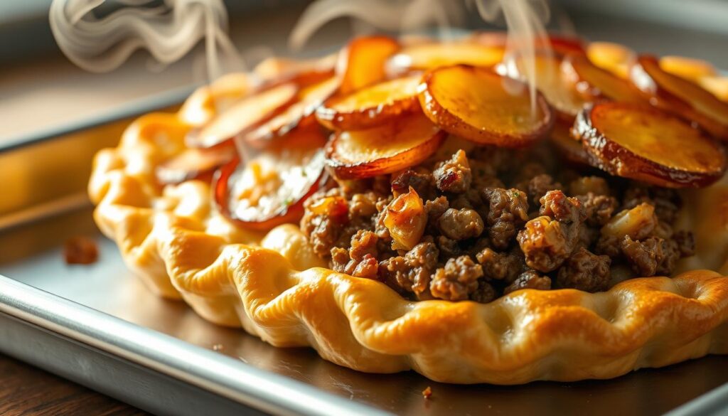 A golden-brown, flaky pie crust, its surface adorned with crispy, roasted potato slices. The hearty filling within, a savory blend of ground meat, sautéed onions, and fragrant herbs. Warm, inviting lighting casts a soft glow, highlighting the dish's rustic elegance. The composition is artfully balanced, drawing the eye to the steam rising from the freshly baked pie. A stainless steel baking tray anchors the scene, reflecting the kitchen's pristine details. The overall mood is one of comforting, homemade indulgence, perfect for showcasing this classic comfort food dish. A golden-brown, flaky pie crust, its surface adorned with crispy, roasted potato slices. The hearty filling within, a savory blend of ground meat, sautéed onions, and fragrant herbs. Warm, inviting lighting casts a soft glow, highlighting the dish's rustic elegance. The composition is artfully balanced, drawing the eye to the steam rising from the freshly baked pie. A stainless steel baking tray anchors the scene, reflecting the kitchen's pristine details. The overall mood is one of comforting, homemade indulgence, perfect for showcasing this classic comfort food dish.