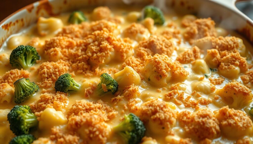 A golden-brown, freshly-baked casserole dish filled with tender broccoli and cauliflower florets, coated in a rich, creamy cheese sauce. The top is sprinkled with a crunchy, golden-brown breadcrumb topping. Wisps of steam rise from the casserole, creating an inviting, homemade aroma. The dish is photographed from a high angle, capturing its bubbly, irresistible texture. Soft, natural lighting illuminates the casserole, highlighting the vibrant green of the broccoli and the contrast with the white cauliflower. The overall scene evokes feelings of comfort, indulgence, and a desire to dive right in and savor each delectable bite. A golden-brown, freshly-baked casserole dish filled with tender broccoli and cauliflower florets, coated in a rich, creamy cheese sauce. The top is sprinkled with a crunchy, golden-brown breadcrumb topping. Wisps of steam rise from the casserole, creating an inviting, homemade aroma. The dish is photographed from a high angle, capturing its bubbly, irresistible texture. Soft, natural lighting illuminates the casserole, highlighting the vibrant green of the broccoli and the contrast with the white cauliflower. The overall scene evokes feelings of comfort, indulgence, and a desire to dive right in and savor each delectable bite.