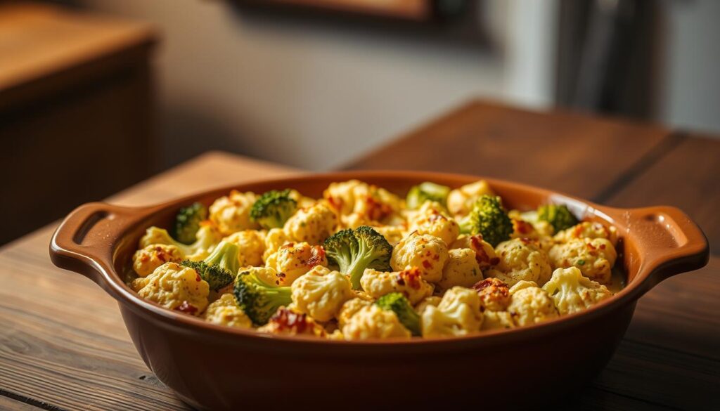 A golden-brown, neatly arranged casserole dish filled with a creamy, cheesy blend of broccoli and cauliflower florets, resting on a wooden table. Soft, ambient lighting from above casts a warm glow, highlighting the vibrant colors and textures of the baked vegetables. The scene exudes a comforting, homemade atmosphere, inviting the viewer to imagine the delicious, savory flavors within. The composition is balanced, with the casserole centered and occupying the foreground, while the blurred, out-of-focus background provides a neutral, uncluttered backdrop to focus the attention on the main subject. A golden-brown, neatly arranged casserole dish filled with a creamy, cheesy blend of broccoli and cauliflower florets, resting on a wooden table. Soft, ambient lighting from above casts a warm glow, highlighting the vibrant colors and textures of the baked vegetables. The scene exudes a comforting, homemade atmosphere, inviting the viewer to imagine the delicious, savory flavors within. The composition is balanced, with the casserole centered and occupying the foreground, while the blurred, out-of-focus background provides a neutral, uncluttered backdrop to focus the attention on the main subject.