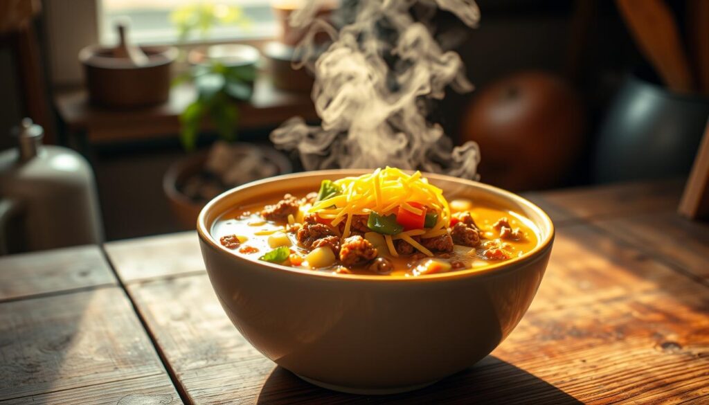 A hearty, nourishing keto cheeseburger soup, steaming hot and brimming with ground beef, melted cheese, and a medley of fresh vegetables. The bowl is set against a rustic wooden table, illuminated by soft, natural lighting that casts a warm, inviting glow. In the background, a cozy, farmhouse-inspired setting with earthy tones and subtle textures creates a comforting atmosphere. The soup's rich, creamy broth and the savory aroma wafting through the air invite the viewer to dive in and savor every spoonful of this satisfying, low-carb delight. A hearty, nourishing keto cheeseburger soup, steaming hot and brimming with ground beef, melted cheese, and a medley of fresh vegetables. The bowl is set against a rustic wooden table, illuminated by soft, natural lighting that casts a warm, inviting glow. In the background, a cozy, farmhouse-inspired setting with earthy tones and subtle textures creates a comforting atmosphere. The soup's rich, creamy broth and the savory aroma wafting through the air invite the viewer to dive in and savor every spoonful of this satisfying, low-carb delight.