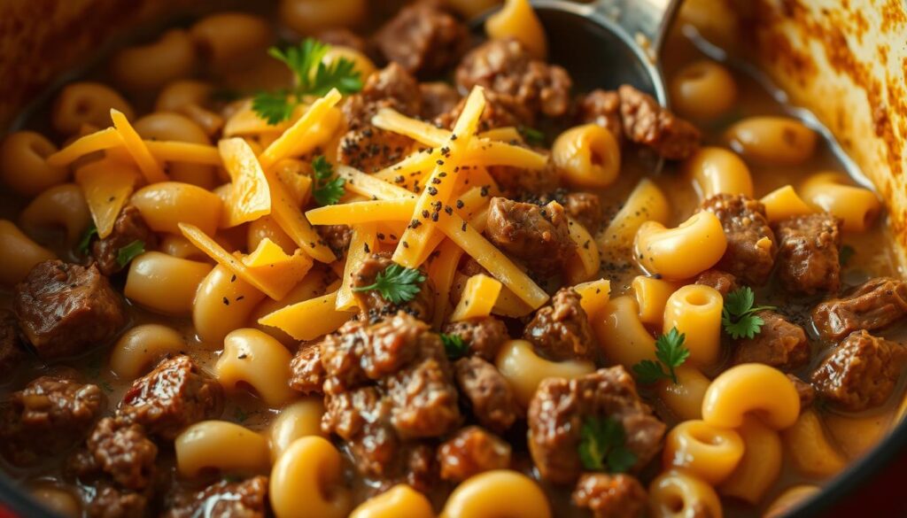 A hearty one-pot dish of tender beef and melty cheddar cheese, simmered in a creamy ranch-infused sauce. The camera captures the scene in a warm, cozy light, casting a golden glow over the comforting meal. Thick, stewed chunks of beef and elbow macaroni noodles are nestled together, topped with shredded cheddar that has just begun to melt. Sprigs of fresh parsley and a dusting of cracked black pepper add a touch of freshness and contrast. The overall atmosphere is one of simple, homemade satisfaction - a comforting introduction to the delights of one-pot cooking. A hearty one-pot dish of tender beef and melty cheddar cheese, simmered in a creamy ranch-infused sauce. The camera captures the scene in a warm, cozy light, casting a golden glow over the comforting meal. Thick, stewed chunks of beef and elbow macaroni noodles are nestled together, topped with shredded cheddar that has just begun to melt. Sprigs of fresh parsley and a dusting of cracked black pepper add a touch of freshness and contrast. The overall atmosphere is one of simple, homemade satisfaction - a comforting introduction to the delights of one-pot cooking.