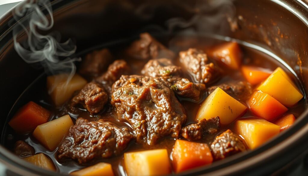 A hearty, rich stew beef simmering in a crockpot, surrounded by tender chunks of potatoes, carrots, and onions. The slow-cooked meat is fork-tender, infused with the robust flavors of garlic, thyme, and bay leaves. Wisps of steam rise from the bubbling sauce, casting a cozy, inviting glow. The scene is captured in warm, soft lighting, with a shallow depth of field that focuses the viewer's attention on the comforting, homemade dish. The image evokes the aroma and satisfaction of a nourishing, homestyle meal, perfectly suited to illustrate the "Ingredients for a Perfect Meal" section. A hearty, rich stew beef simmering in a crockpot, surrounded by tender chunks of potatoes, carrots, and onions. The slow-cooked meat is fork-tender, infused with the robust flavors of garlic, thyme, and bay leaves. Wisps of steam rise from the bubbling sauce, casting a cozy, inviting glow. The scene is captured in warm, soft lighting, with a shallow depth of field that focuses the viewer's attention on the comforting, homemade dish. The image evokes the aroma and satisfaction of a nourishing, homestyle meal, perfectly suited to illustrate the "Ingredients for a Perfect Meal" section.