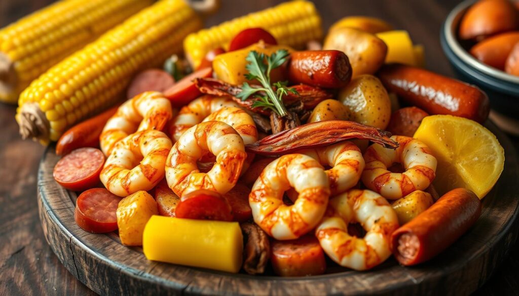 A high-quality close-up photograph of a vibrant, freshly prepared Cajun shrimp boil, neatly arranged on a rustic wooden surface. The plump, perfectly cooked shrimp are nestled among a colorful array of sliced andouille sausage, corn on the cob, baby potatoes, and aromatic spices, all glistening under soft, warm lighting. The composition emphasizes the textures and flavors of the individual ingredients, creating an appetizing and inviting display. The background is slightly blurred, allowing the shrimp and accompaniments to be the clear focal point. The overall mood is cozy, homemade, and bursting with Cajun flair.
