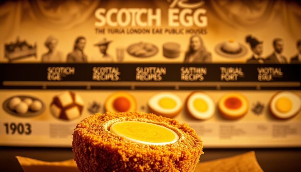 A historical visual journey through the origins and evolution of the beloved Scotch egg. In the foreground, a meticulously crafted Scotch egg, its golden breadcrumb crust glistening under warm, soft lighting. In the middle ground, a sequence of past Scotch egg iterations, from traditional Victorian-era recipes to modern interpretations. The background depicts a sepia-toned timeline, charting the dish's journey from its 19th-century beginnings in London's public houses to its current global popularity. Captured with a vintage lens, the overall atmosphere evokes a sense of culinary heritage and timeless appeal. A historical visual journey through the origins and evolution of the beloved Scotch egg. In the foreground, a meticulously crafted Scotch egg, its golden breadcrumb crust glistening under warm, soft lighting. In the middle ground, a sequence of past Scotch egg iterations, from traditional Victorian-era recipes to modern interpretations. The background depicts a sepia-toned timeline, charting the dish's journey from its 19th-century beginnings in London's public houses to its current global popularity. Captured with a vintage lens, the overall atmosphere evokes a sense of culinary heritage and timeless appeal.