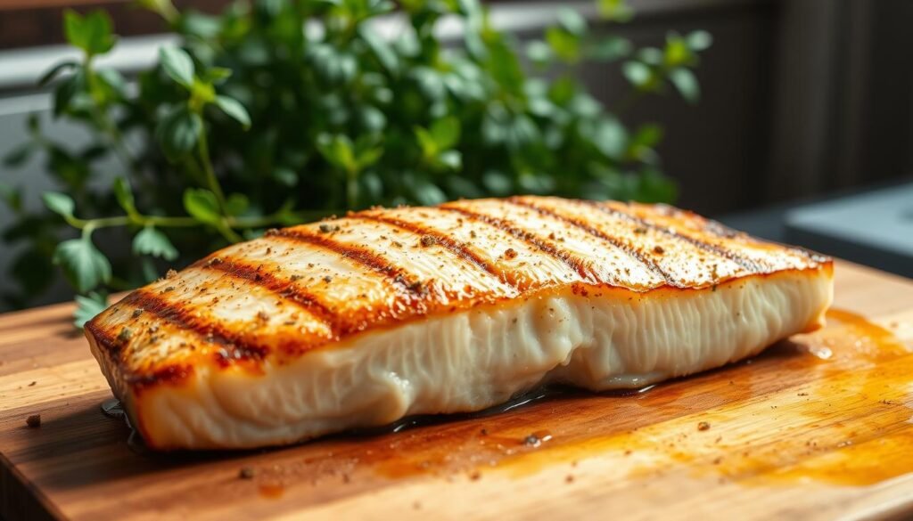 A juicy, golden-brown grilled halibut fillet rests on a wooden cutting board, its flaky texture glistening in the soft, natural lighting. The fish is seasoned with a delicate blend of herbs and spices, lending a savory, slightly sweet aroma. In the background, a lush green herb garden adds a touch of freshness, while the warm, earthy tones of the wooden surface create a rustic, inviting atmosphere. The camera captures the halibut from a slight high angle, highlighting its impressive size and the care taken in its preparation. A juicy, golden-brown grilled halibut fillet rests on a wooden cutting board, its flaky texture glistening in the soft, natural lighting. The fish is seasoned with a delicate blend of herbs and spices, lending a savory, slightly sweet aroma. In the background, a lush green herb garden adds a touch of freshness, while the warm, earthy tones of the wooden surface create a rustic, inviting atmosphere. The camera captures the halibut from a slight high angle, highlighting its impressive size and the care taken in its preparation.