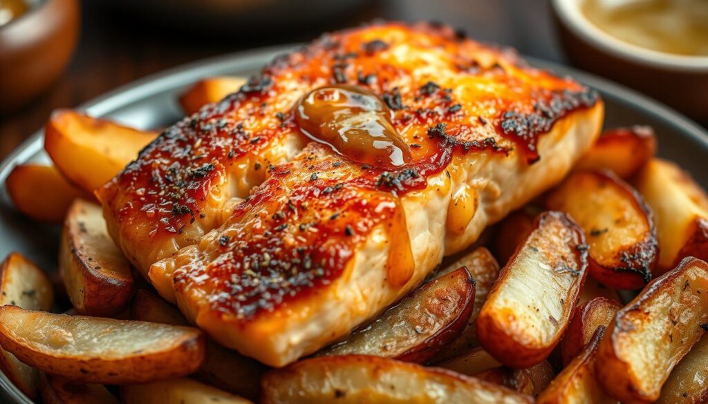 A juicy, pan-seared Cajun-spiced salmon fillet, sizzling with a golden-brown crust, rests atop a bed of crisp, air-fried potato wedges. The fish glistens with a drizzle of honey-infused Cajun butter, its bold flavors complemented by the subtle sweetness. Warm, earthy tones emanate from the image, creating an inviting and mouthwatering scene, as if captured in a high-end culinary magazine. The lighting is soft and natural, emphasizing the dish's textures and highlighting the vibrant hues of the salmon and potatoes. The camera angle is slightly elevated, allowing the viewer to admire the intricate presentation of this delectable Cajun honey butter salmon dish. A juicy, pan-seared Cajun-spiced salmon fillet, sizzling with a golden-brown crust, rests atop a bed of crisp, air-fried potato wedges. The fish glistens with a drizzle of honey-infused Cajun butter, its bold flavors complemented by the subtle sweetness. Warm, earthy tones emanate from the image, creating an inviting and mouthwatering scene, as if captured in a high-end culinary magazine. The lighting is soft and natural, emphasizing the dish's textures and highlighting the vibrant hues of the salmon and potatoes. The camera angle is slightly elevated, allowing the viewer to admire the intricate presentation of this delectable Cajun honey butter salmon dish.