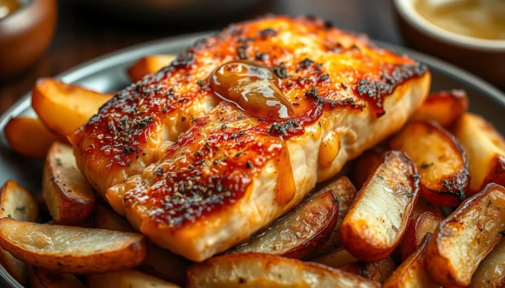 A juicy, pan-seared Cajun-spiced salmon fillet, sizzling with a golden-brown crust, rests atop a bed of crisp, air-fried potato wedges. The fish glistens with a drizzle of honey-infused Cajun butter, its bold flavors complemented by the subtle sweetness. Warm, earthy tones emanate from the image, creating an inviting and mouthwatering scene, as if captured in a high-end culinary magazine. The lighting is soft and natural, emphasizing the dish's textures and highlighting the vibrant hues of the salmon and potatoes. The camera angle is slightly elevated, allowing the viewer to admire the intricate presentation of this delectable Cajun honey butter salmon dish. A-juicy-pan-seared-Cajun-spiced-salmon-fillet-sizzling-with-a-golden-brown-crust-rests-atop-