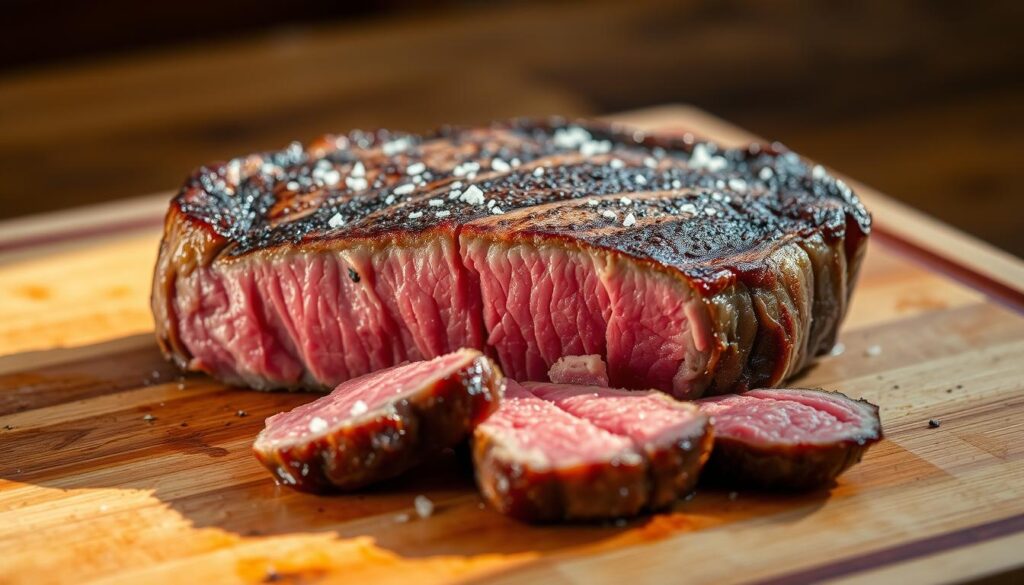A juicy, well-marbled ribeye steak resting on a wooden cutting board, the surface glistening with a light, golden-brown sear. The steak is sliced to reveal its tender, pink interior, accented by a delicate sprinkling of coarse sea salt and freshly ground black pepper. The scene is captured in natural, warm lighting, creating a rustic, appetizing atmosphere. The background is slightly blurred, allowing the focus to remain on the succulent, mouthwatering steak, the star of the scene. A juicy, well-marbled ribeye steak resting on a wooden cutting board, the surface glistening with a light, golden-brown sear. The steak is sliced to reveal its tender, pink interior, accented by a delicate sprinkling of coarse sea salt and freshly ground black pepper. The scene is captured in natural, warm lighting, creating a rustic, appetizing atmosphere. The background is slightly blurred, allowing the focus to remain on the succulent, mouthwatering steak, the star of the scene.