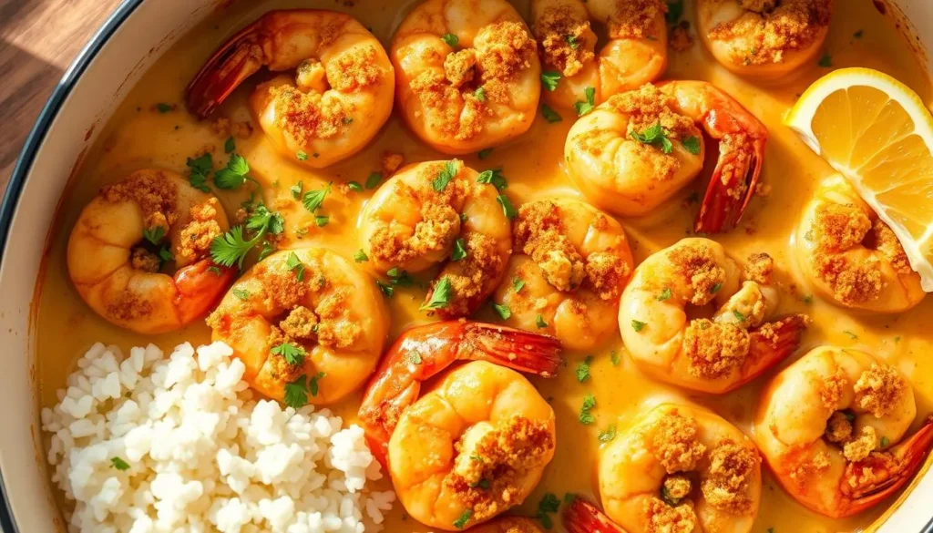 A large baking dish filled with golden-brown baked stuffed shrimp, surrounded by a creamy, cheesy sauce. The shrimp are plump and juicy, their shells carefully peeled away to reveal the tender, herb-seasoned filling within. Lightly browned breadcrumbs add a crunchy topping, while a sprinkling of chopped parsley provides a fresh, vibrant accent. Soft, steaming white rice is served alongside, ready to soak up the rich, savory flavors. The scene is illuminated by warm, natural lighting, casting a cozy, inviting atmosphere. A side of lemon wedges offers a bright, acidic contrast to the decadent casserole. A-large-baking-dish-filled-with-golden-brown-baked-stuffed-shrimp-surrounded-by-a-creamy