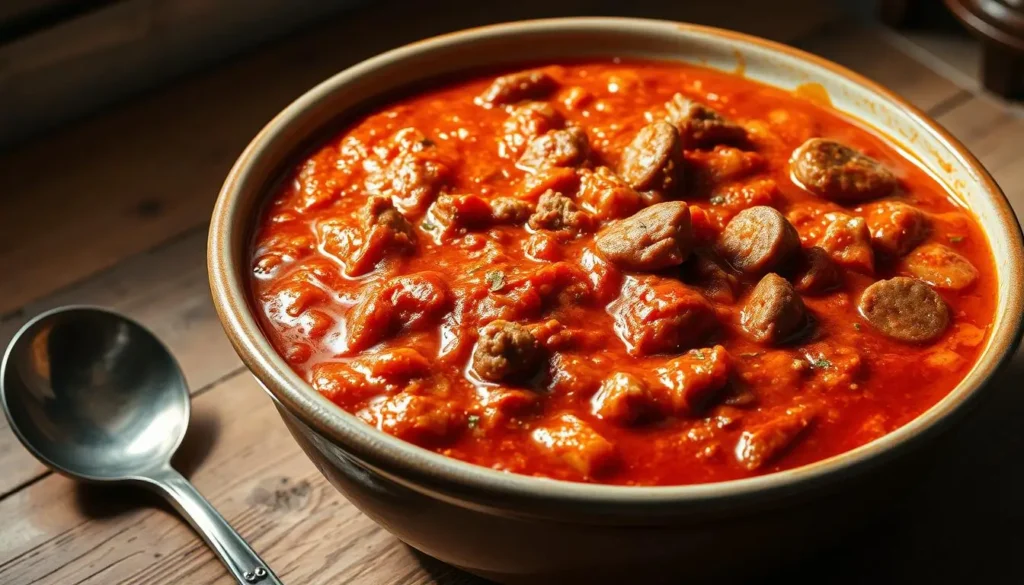 A large ceramic bowl filled with a rich, hearty tomato-based spaghetti sauce, simmered to perfection. The sauce is a deep, vibrant red, with flecks of herbs and spices visible throughout. Chunks of ground beef and Italian sausage are dispersed evenly, adding substance and texture. The bowl is set on a rustic wooden surface, with a vintage steel ladle resting nearby, hinting at the homemade preparation. Soft, natural lighting illuminates the scene, casting warm, inviting shadows. The overall mood is one of comforting, old-world charm, evoking the essence of a cherished family recipe. A-large-ceramic-bowl-filled-with-a-rich-hearty-tomato-based-spaghetti-sauce-simmered-to