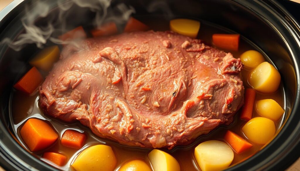 A large slow cooker filled to the brim with tender, succulent corned beef, simmering in a savory broth. The meat glistens with fat, revealing the distinct grain and texture. Surrounding the corned beef are halved potatoes, carrots, and onions, their colors vibrant and appetizing. Soft wisps of steam rise from the cooker, creating a cozy, homely atmosphere. Warm, golden lighting from above casts a comforting glow, highlighting the dish's hearty and comforting nature. The scene is captured from a slightly elevated angle, emphasizing the depth and fullness of the slow-cooked corned beef. A large slow cooker filled to the brim with tender, succulent corned beef, simmering in a savory broth. The meat glistens with fat, revealing the distinct grain and texture. Surrounding the corned beef are halved potatoes, carrots, and onions, their colors vibrant and appetizing. Soft wisps of steam rise from the cooker, creating a cozy, homely atmosphere. Warm, golden lighting from above casts a comforting glow, highlighting the dish's hearty and comforting nature. The scene is captured from a slightly elevated angle, emphasizing the depth and fullness of the slow-cooked corned beef.