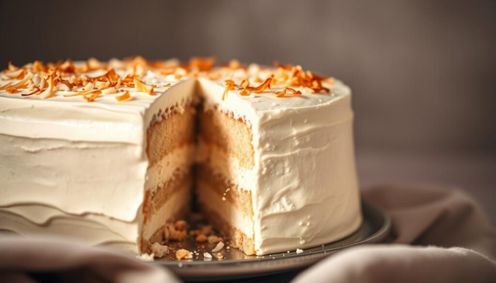 A lush and creamy keto coconut cream cake, its decadent layers glistening with a smooth white frosting, garnished with freshly toasted coconut flakes. The scene is bathed in soft, warm lighting, casting a cozy, inviting atmosphere. The cake is photographed from a slight overhead angle, showcasing its elegant, layered construction and the delicate texture of the coconut flakes. The background is subtly blurred, keeping the focus on the intricate details of the dessert. The overall mood is one of indulgence and comfort, evoking the rich, satisfying flavors of a keto-friendly coconut cream treat. A lush and creamy keto coconut cream cake, its decadent layers glistening with a smooth white frosting, garnished with freshly toasted coconut flakes. The scene is bathed in soft, warm lighting, casting a cozy, inviting atmosphere. The cake is photographed from a slight overhead angle, showcasing its elegant, layered construction and the delicate texture of the coconut flakes. The background is subtly blurred, keeping the focus on the intricate details of the dessert. The overall mood is one of indulgence and comfort, evoking the rich, satisfying flavors of a keto-friendly coconut cream treat.