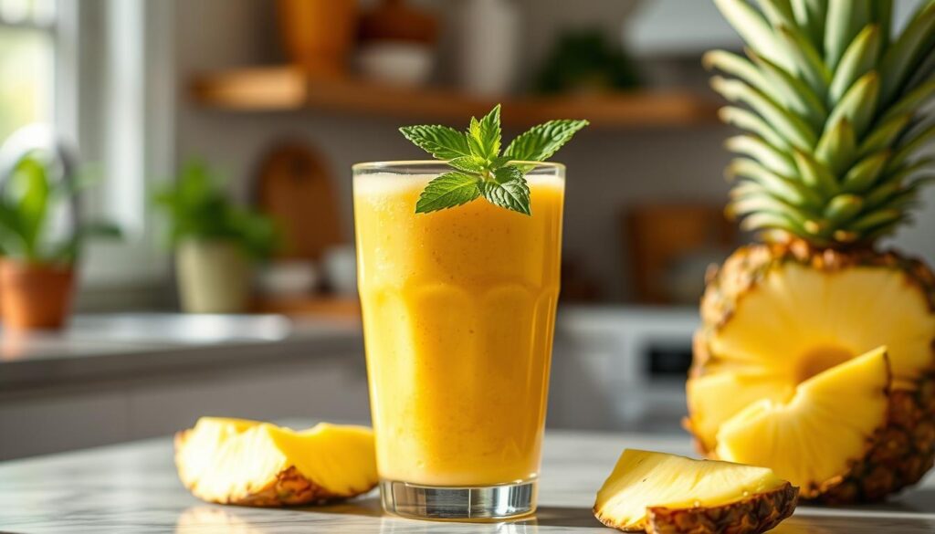 A lush, tropical pineapple smoothie set against a bright, sunlit kitchen backdrop. The glass is filled with a vibrant, golden-yellow blend, swirling with tiny bubbles. Fresh pineapple wedges and a sprig of mint garnish the drink, creating a tantalizing contrast of colors. Soft, diffused lighting casts a warm glow, highlighting the smoothie's creamy, indulgent texture. The scene evokes a sense of refreshing, healthy living, perfect for a nourishing breakfast. A lush, tropical pineapple smoothie set against a bright, sunlit kitchen backdrop. The glass is filled with a vibrant, golden-yellow blend, swirling with tiny bubbles. Fresh pineapple wedges and a sprig of mint garnish the drink, creating a tantalizing contrast of colors. Soft, diffused lighting casts a warm glow, highlighting the smoothie's creamy, indulgent texture. The scene evokes a sense of refreshing, healthy living, perfect for a nourishing breakfast.