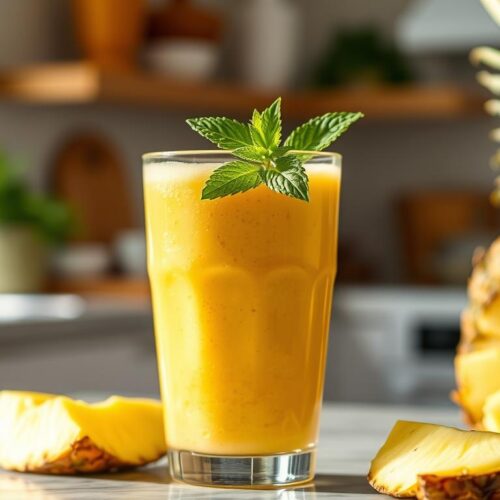 A lush, tropical pineapple smoothie set against a bright, sunlit kitchen backdrop. The glass is filled with a vibrant, golden-yellow blend, swirling with tiny bubbles. Fresh pineapple wedges and a sprig of mint garnish the drink, creating a tantalizing contrast of colors. Soft, diffused lighting casts a warm glow, highlighting the smoothie's creamy, indulgent texture. The scene evokes a sense of refreshing, healthy living, perfect for a nourishing breakfast.