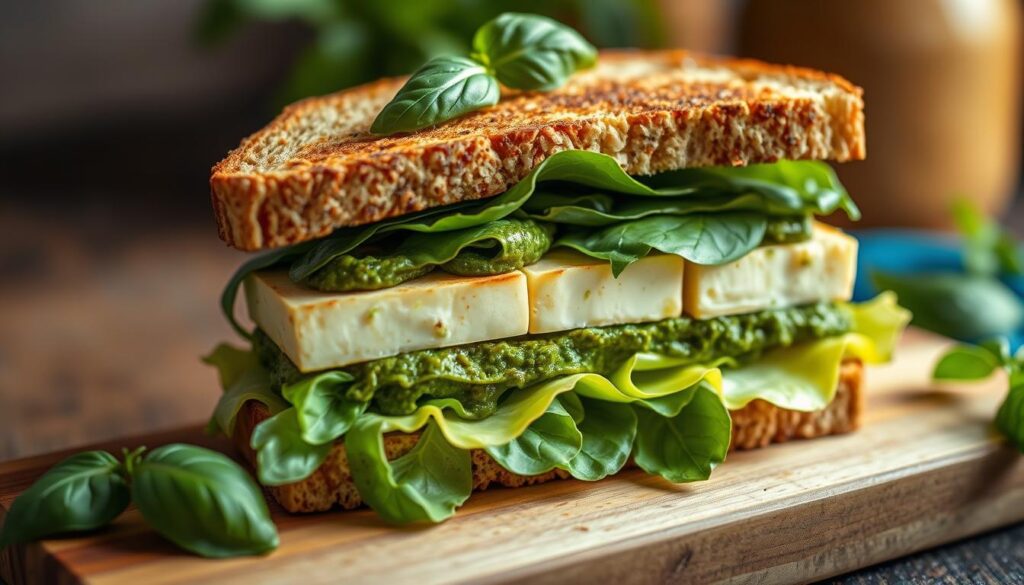 A meticulously crafted pesto tofu sandwich, with vibrant layers of fresh basil pesto, firm tofu slices, crunchy romaine lettuce, and lightly toasted whole-grain bread. The scene is bathed in soft, warm lighting, casting a cozy, inviting ambiance. The sandwich is artfully arranged on a rustic wooden cutting board, highlighting the contrasting textures and colors. The overall composition evokes a sense of simplicity and wholesome nutrition, perfectly fitting the "Introduction to Pesto Tofu Sandwiches" section of the article. A meticulously crafted pesto tofu sandwich, with vibrant layers of fresh basil pesto, firm tofu slices, crunchy romaine lettuce, and lightly toasted whole-grain bread. The scene is bathed in soft, warm lighting, casting a cozy, inviting ambiance. The sandwich is artfully arranged on a rustic wooden cutting board, highlighting the contrasting textures and colors. The overall composition evokes a sense of simplicity and wholesome nutrition, perfectly fitting the "Introduction to Pesto Tofu Sandwiches" section of the article.