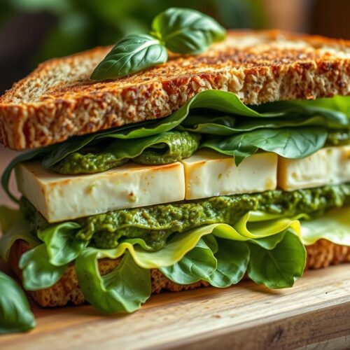 A meticulously crafted pesto tofu sandwich, with vibrant layers of fresh basil pesto, firm tofu slices, crunchy romaine lettuce, and lightly toasted whole-grain bread. The scene is bathed in soft, warm lighting, casting a cozy, inviting ambiance. The sandwich is artfully arranged on a rustic wooden cutting board, highlighting the contrasting textures and colors. The overall composition evokes a sense of simplicity and wholesome nutrition, perfectly fitting the "Introduction to Pesto Tofu Sandwiches" section of the article.
