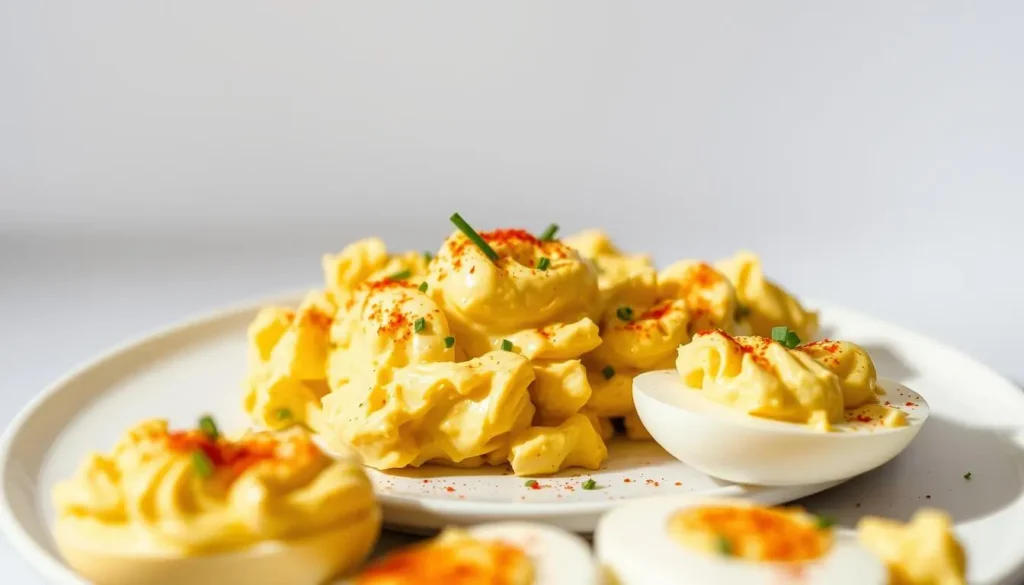 A meticulously prepared plate of the finest deviled egg salad, meticulously crafted with a golden yellow hue and a delightfully creamy texture. The salad is artfully arranged, garnished with a sprinkling of paprika and chives, creating a visually striking and appetizing presentation. The lighting is soft and natural, highlighting the salad's vibrant colors and smooth consistency. The composition is centered, with the salad occupying the foreground, and a simple, uncluttered background providing a clean, minimalist backdrop. The overall atmosphere conveys a sense of culinary excellence, inviting the viewer to savor the exceptional flavors and textures of this delectable deviled egg salad. A-meticulously-prepared-plate-of-the-finest-deviled-egg-salad-meticulously-crafted-with-a
