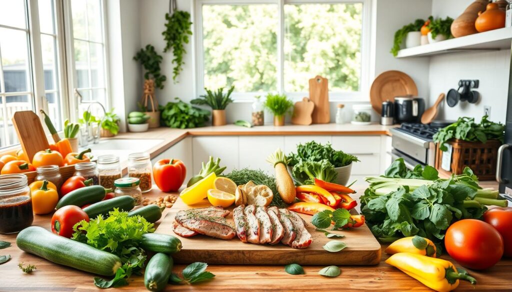 A modern, airy kitchen with ample natural light streaming through large windows. The countertops are adorned with an array of fresh, vibrant vegetables, including zucchini, bell peppers, and leafy greens. Scattered throughout are jars of herbs, spices, and healthy low-carb condiments. In the center, a cutting board showcases a variety of lean protein sources, such as grilled chicken and thinly sliced steak. The overall atmosphere is one of wellness and culinary exploration, inviting the viewer to discover the possibilities of delicious, nutritious low-carb cooking. A modern, airy kitchen with ample natural light streaming through large windows. The countertops are adorned with an array of fresh, vibrant vegetables, including zucchini, bell peppers, and leafy greens. Scattered throughout are jars of herbs, spices, and healthy low-carb condiments. In the center, a cutting board showcases a variety of lean protein sources, such as grilled chicken and thinly sliced steak. The overall atmosphere is one of wellness and culinary exploration, inviting the viewer to discover the possibilities of delicious, nutritious low-carb cooking.