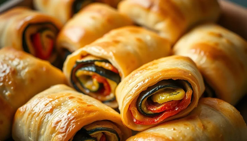 A mouth-watering arrangement of freshly baked vegetable rolls, their golden-brown crusts glistening under the soft, warm lighting. The rolls are filled with a colorful medley of roasted veggies - zucchini, bell peppers, and eggplant - neatly layered and complemented by melted, bubbling cheese. The composition showcases the rolls in an inviting close-up, highlighting their tempting texture and the delicious fillings peeking through. The image exudes a cozy, homemade atmosphere, enticing the viewer to savor the flavors of this wholesome, plant-based dish. A-mouth-watering-arrangement-of-freshly-baked-vegetable-rolls-their-golden-brown-crusts