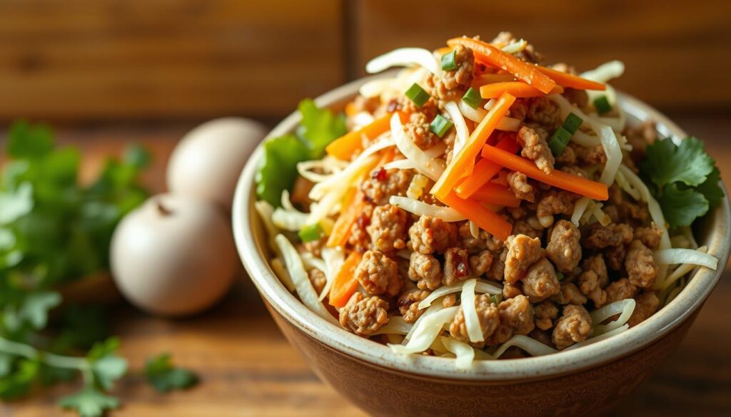 A mouth-watering bowl filled with a savory and satisfying egg roll in a bowl dish. The foreground features a ceramic bowl overflowing with a mixture of shredded cabbage, carrots, ground pork, and Asian-inspired seasonings. The middle ground showcases the delectable textures and colors of the ingredients, while the background bathes the scene in a warm, natural lighting that emphasizes the dish's homemade appeal. The overall composition conveys the simplicity and comforting nature of this low-carb, easy-to-prepare meal. A mouth-watering bowl filled with a savory and satisfying egg roll in a bowl dish. The foreground features a ceramic bowl overflowing with a mixture of shredded cabbage, carrots, ground pork, and Asian-inspired seasonings. The middle ground showcases the delectable textures and colors of the ingredients, while the background bathes the scene in a warm, natural lighting that emphasizes the dish's homemade appeal. The overall composition conveys the simplicity and comforting nature of this low-carb, easy-to-prepare meal.