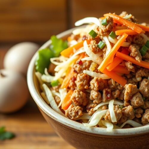 A mouth-watering bowl filled with a savory and satisfying egg roll in a bowl dish. The foreground features a ceramic bowl overflowing with a mixture of shredded cabbage, carrots, ground pork, and Asian-inspired seasonings. The middle ground showcases the delectable textures and colors of the ingredients, while the background bathes the scene in a warm, natural lighting that emphasizes the dish's homemade appeal. The overall composition conveys the simplicity and comforting nature of this low-carb, easy-to-prepare meal.