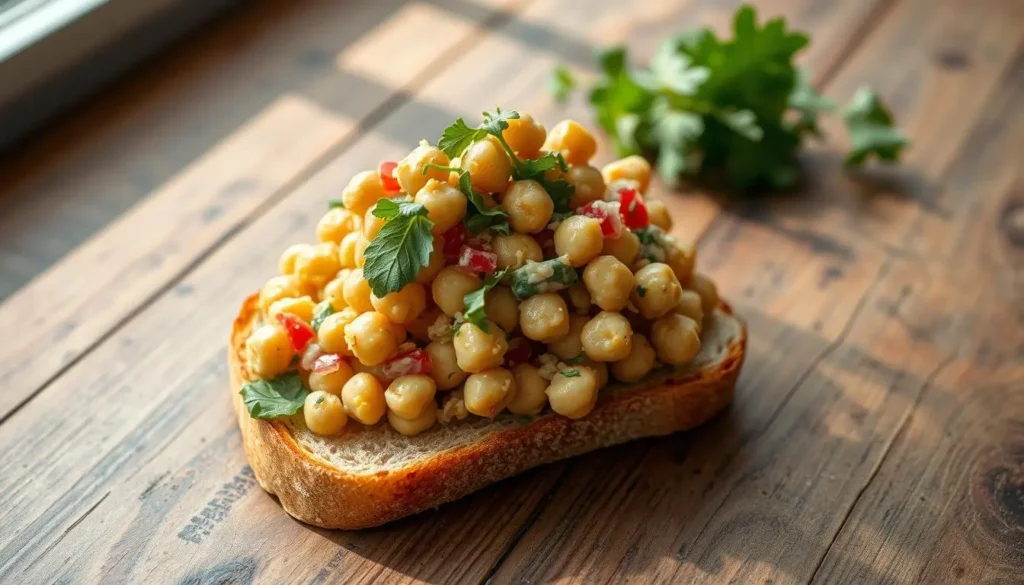 A mouth-watering chickpea salad sandwich rests on a rustic wooden table, bathed in soft, natural light. The sandwich features a golden-brown toasted bread slice, topped with a creamy, vibrant chickpea salad. The salad is made with plump, nutty-flavored chickpeas, fresh herbs, crunchy vegetables, and a tangy dressing. The composition highlights the sandwich's textures and flavors, inviting the viewer to imagine the satisfying crunch and zesty taste. A simple, minimalist setting emphasizes the focus on the delectable chickpea salad sandwich, which represents a healthy, plant-based alternative to traditional sandwich fillings. A-mouth-watering-chickpea-salad-sandwich-rests-on-a-rustic-wooden-table-bathed-in-soft