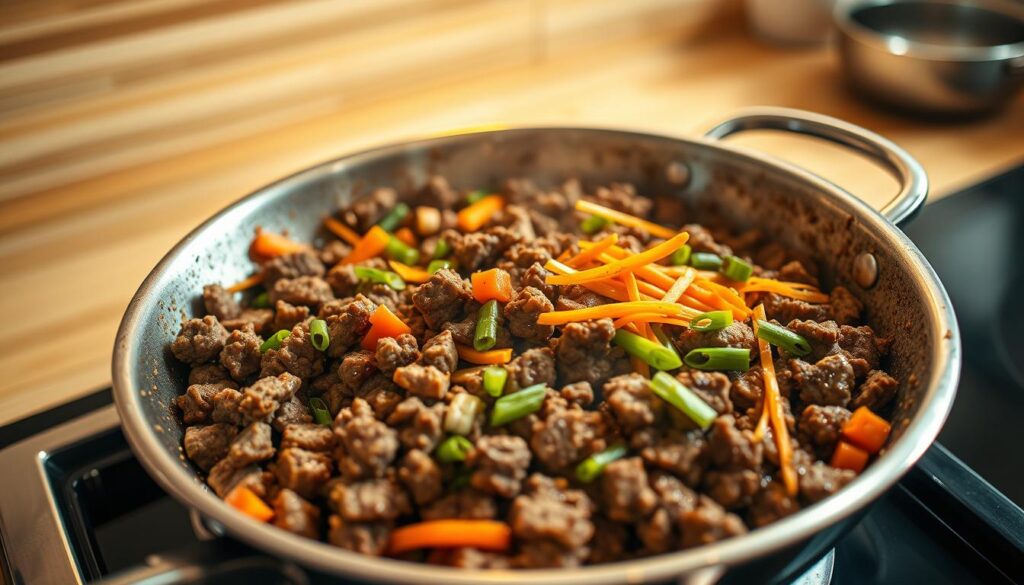 A mouthwatering Korean ground beef dish, sizzling in a stainless steel pan under warm, golden lighting. The savory blend of garlic, ginger, and soy sauce simmers, releasing an irresistible aroma. Tender, caramelized beef crumbles mingle with vibrant julienned carrots and crisp scallions, creating a harmonious medley of flavors. In the background, a simple, minimalist kitchen setting with clean lines and natural wood tones sets the stage for this comforting, family-friendly meal. The scene exudes an inviting, homey atmosphere, beckoning the viewer to dive into this beloved Korean culinary classic. A mouthwatering Korean ground beef dish, sizzling in a stainless steel pan under warm, golden lighting. The savory blend of garlic, ginger, and soy sauce simmers, releasing an irresistible aroma. Tender, caramelized beef crumbles mingle with vibrant julienned carrots and crisp scallions, creating a harmonious medley of flavors. In the background, a simple, minimalist kitchen setting with clean lines and natural wood tones sets the stage for this comforting, family-friendly meal. The scene exudes an inviting, homey atmosphere, beckoning the viewer to dive into this beloved Korean culinary classic.
