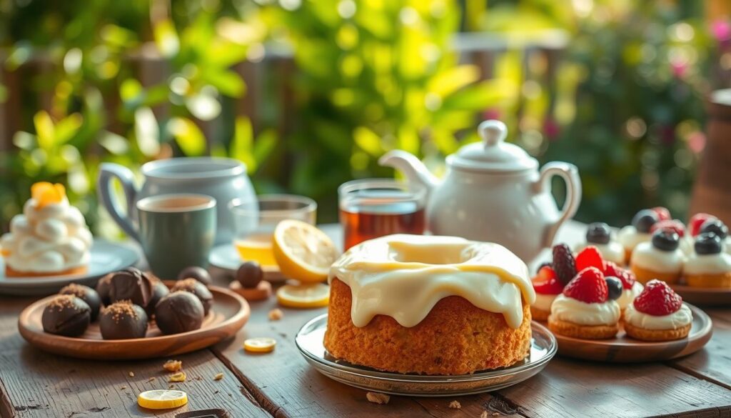 A mouthwatering array of keto-friendly desserts sits atop a rustic wooden table, basking in the warm glow of natural lighting. In the foreground, a rich and creamy keto lemon pound cake adorned with a tantalizing cream cheese frosting takes center stage. Surrounding it, an assortment of tempting keto-approved treats, including decadent chocolate truffles, bite-sized cheesecake bites, and glistening berry-topped pavlovas. The middle ground features a selection of freshly brewed herbal teas and a scattering of lemon slices, adding a refreshing touch. In the background, a softly blurred image of a lush, verdant garden provides a serene, natural backdrop, conveying a sense of balance and mindfulness. A mouthwatering array of keto-friendly desserts sits atop a rustic wooden table, basking in the warm glow of natural lighting. In the foreground, a rich and creamy keto lemon pound cake adorned with a tantalizing cream cheese frosting takes center stage. Surrounding it, an assortment of tempting keto-approved treats, including decadent chocolate truffles, bite-sized cheesecake bites, and glistening berry-topped pavlovas. The middle ground features a selection of freshly brewed herbal teas and a scattering of lemon slices, adding a refreshing touch. In the background, a softly blurred image of a lush, verdant garden provides a serene, natural backdrop, conveying a sense of balance and mindfulness.