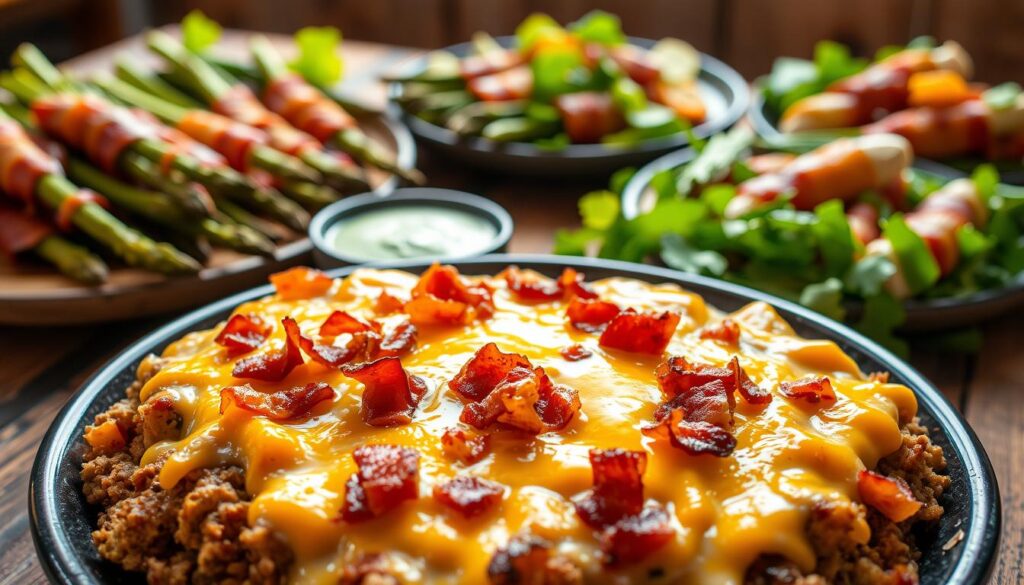 A mouthwatering array of low-carb recipes featuring crisp, golden-brown bacon. In the foreground, a variety of ingredients come together to create a savory bacon cheeseburger casserole - juicy ground beef, melted cheddar cheese, and crumbled bacon nestled in a creamy, low-carb béchamel sauce. The middle ground showcases other tempting low-carb dishes, such as bacon-wrapped asparagus spears and a fresh salad with a light vinaigrette dressing. In the background, a rustic wooden table sets the scene, with natural lighting casting a warm, inviting glow over the entire composition. The overall atmosphere exudes a sense of comforting, guilt-free indulgence. A mouthwatering array of low-carb recipes featuring crisp, golden-brown bacon. In the foreground, a variety of ingredients come together to create a savory bacon cheeseburger casserole - juicy ground beef, melted cheddar cheese, and crumbled bacon nestled in a creamy, low-carb béchamel sauce. The middle ground showcases other tempting low-carb dishes, such as bacon-wrapped asparagus spears and a fresh salad with a light vinaigrette dressing. In the background, a rustic wooden table sets the scene, with natural lighting casting a warm, inviting glow over the entire composition. The overall atmosphere exudes a sense of comforting, guilt-free indulgence.