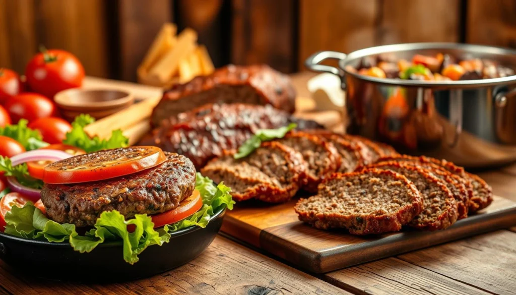 A mouthwatering assortment of easy, hearty ground beef recipes, beautifully arranged on a rustic wooden table. In the foreground, a juicy burger patty sizzles on a cast-iron skillet, surrounded by fresh produce like tomatoes, lettuce, and onions. In the middle ground, a rich and savory meatloaf is sliced, revealing its tender, flavorful interior. In the background, a comforting beef and vegetable stew bubbles in a large pot, its rich aroma filling the air. Warm, golden lighting casts a cozy, inviting glow, and the overall composition suggests the versatility and deliciousness of 1 pound of ground beef. Crisp, high-resolution image captured with a professional-grade camera lens. A-mouthwatering-assortment-of-easy-hearty-ground-beef-recipes-beautifully-arranged-on-a
