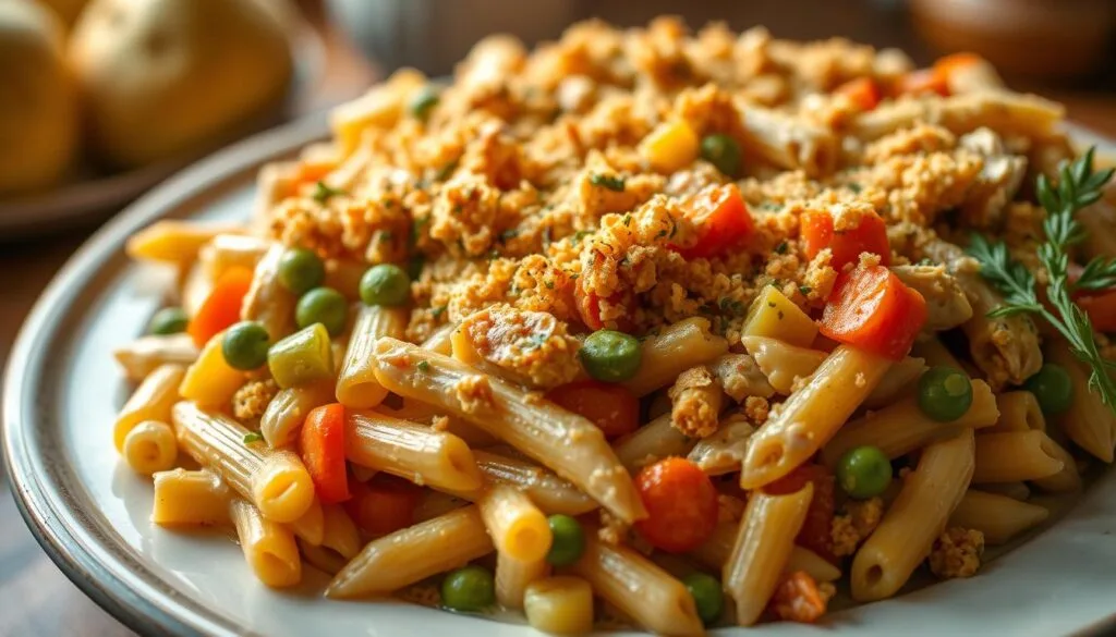 A mouthwatering chicken and pasta casserole with al dente penne noodles, juicy shredded chicken, and a medley of fresh vegetables like diced carrots, peas, and bell peppers. The casserole is bathed in a creamy, herb-infused sauce and topped with a golden, crispy breadcrumb crust. Lit by soft, warm lighting that casts a cozy, homemade glow, the dish is photographed from a slightly elevated angle to showcase its layered textures and vibrant colors. The atmosphere is one of comfort and wholesome, family-style dining.