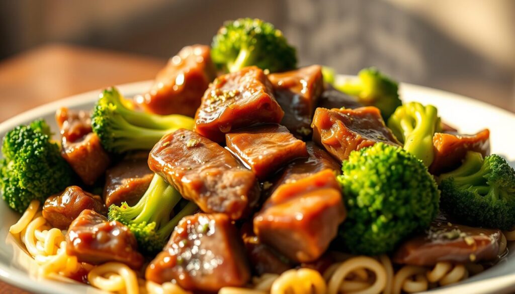 A mouthwatering close-up of a steaming plate of easy beef and broccoli, artfully arranged with tender slices of beef, crisp broccoli florets, and a glistening brown sauce. The dish is illuminated by warm, natural lighting, creating a inviting and appetizing scene. The background is softly blurred, allowing the dish to take center stage. The overall composition exudes a simple, homemade elegance, perfectly capturing the spirit of "Better-Than-Takeout Beef With Broccoli". A mouthwatering close-up of a steaming plate of easy beef and broccoli, artfully arranged with tender slices of beef, crisp broccoli florets, and a glistening brown sauce. The dish is illuminated by warm, natural lighting, creating a inviting and appetizing scene. The background is softly blurred, allowing the dish to take center stage. The overall composition exudes a simple, homemade elegance, perfectly capturing the spirit of "Better-Than-Takeout Beef With Broccoli".