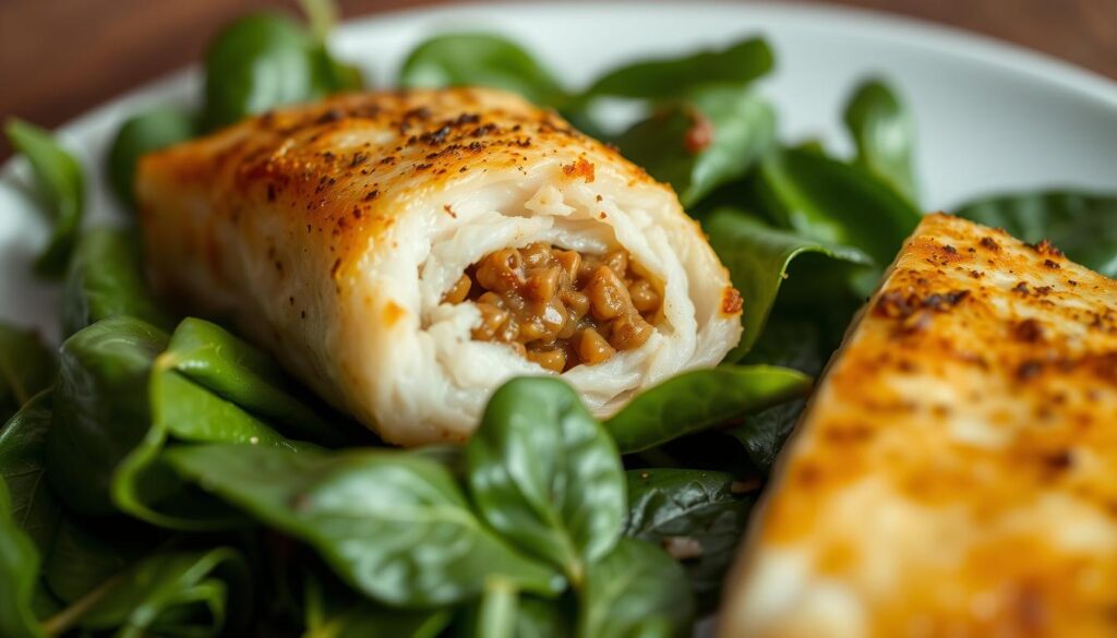 A mouthwatering close-up of delicate, golden-brown stuffed fish fillets, resting atop a bed of fresh, vibrant spinach leaves. The succulent fillets are beautifully plated, showcasing their tender, flaky texture and the savory, aromatic filling. Soft, diffused lighting illuminates the dish, creating a warm, inviting atmosphere. The composition is balanced, with the spinach leaves framing the fillets in an elegant, natural manner. The image conveys the dish's delightfulness, enticing the viewer to savor the harmonious flavors and textures of this culinary delight. A mouthwatering close-up of delicate, golden-brown stuffed fish fillets, resting atop a bed of fresh, vibrant spinach leaves. The succulent fillets are beautifully plated, showcasing their tender, flaky texture and the savory, aromatic filling. Soft, diffused lighting illuminates the dish, creating a warm, inviting atmosphere. The composition is balanced, with the spinach leaves framing the fillets in an elegant, natural manner. The image conveys the dish's delightfulness, enticing the viewer to savor the harmonious flavors and textures of this culinary delight.