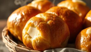 A mouthwatering close-up of freshly baked Texas Roadhouse rolls, glistening with butter and coiled in a rustic wooden basket. The golden-brown crust gives way to a soft, pillowy interior, as steam rises invitingly. Dramatic side lighting casts warm shadows, highlighting the intricate texture and the subtle sheen of the buttery topping. The rolls are positioned against a blurred, neutral background, allowing the delectable focus to take center stage. A sense of homespun charm and comforting familiarity permeates the scene, hinting at the beloved story behind these iconic Texas Roadhouse rolls.
