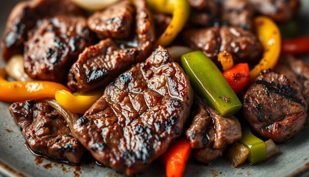 A mouthwatering close-up shot of a sizzling pepper steak dish, featuring tender slices of beef nestled among vibrant bell peppers and onions. The steak is seared to perfection, its rich, caramelized edges glistening in the warm, golden lighting. The peppers and onions are expertly sliced, their vibrant colors and crisp textures creating a visually appealing contrast. The dish is plated on a plain, neutral-toned surface, allowing the bold flavors and textures to take center stage. The overall composition conveys a sense of rustic elegance and culinary expertise, perfectly capturing the essence of the "Introduction to Pepper Steak" section. A mouthwatering close-up shot of a sizzling pepper steak dish, featuring tender slices of beef nestled among vibrant bell peppers and onions. The steak is seared to perfection, its rich, caramelized edges glistening in the warm, golden lighting. The peppers and onions are expertly sliced, their vibrant colors and crisp textures creating a visually appealing contrast. The dish is plated on a plain, neutral-toned surface, allowing the bold flavors and textures to take center stage. The overall composition conveys a sense of rustic elegance and culinary expertise, perfectly capturing the essence of the "Introduction to Pepper Steak" section.