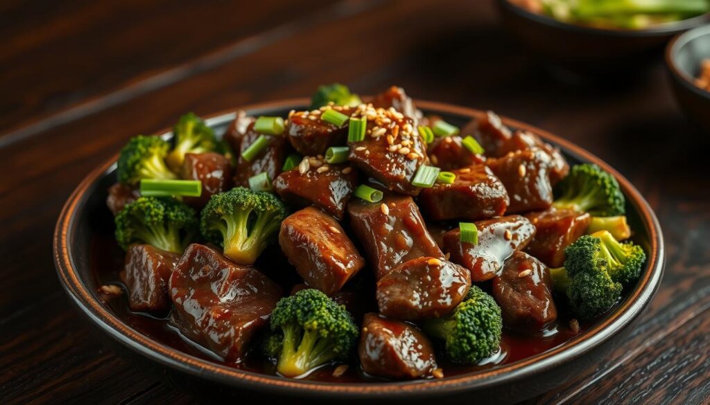 A mouthwatering dish of tender, seared beef sirloin strips simmered in a savory, garlicky brown sauce, expertly paired with vibrant, crisp-tender broccoli florets. The beef is cooked to a perfect medium-rare, its juices mingling with the aromatic sauce. Garnished with toasted sesame seeds and thinly sliced scallions, the dish is plated on a dark, moody wooden table, illuminated by warm, diffused lighting to highlight the rich, glossy textures. The overall scene exudes an air of authentic Chinese culinary mastery. A mouthwatering dish of tender, seared beef sirloin strips simmered in a savory, garlicky brown sauce, expertly paired with vibrant, crisp-tender broccoli florets. The beef is cooked to a perfect medium-rare, its juices mingling with the aromatic sauce. Garnished with toasted sesame seeds and thinly sliced scallions, the dish is plated on a dark, moody wooden table, illuminated by warm, diffused lighting to highlight the rich, glossy textures. The overall scene exudes an air of authentic Chinese culinary mastery.