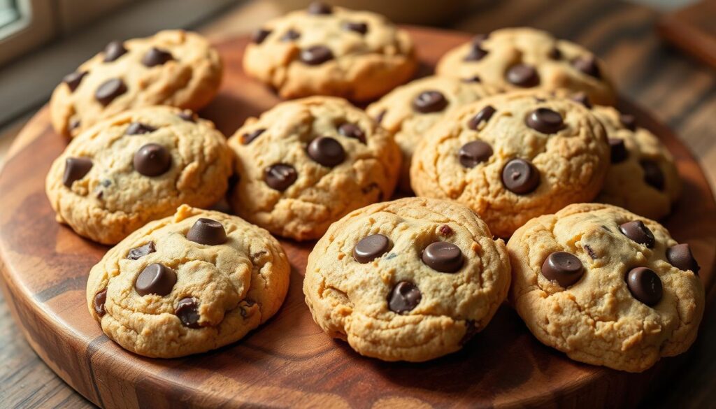 A mouthwatering display of delightfully crumbly, golden-brown gluten-free chocolate chip cookies, freshly baked and arranged on a rustic wooden board. The cookies are studded with melty dark chocolate chips, their rich aroma filling the air. Soft natural light bathes the scene, highlighting the cookies' tempting texture and the subtle variations in their shapes. The image conveys a sense of homemade warmth, comfort, and the joy of indulging in a healthier version of a classic treat. The cookies are positioned to create a visually appealing composition, inviting the viewer to imagine the satisfying taste and experience of these homemade gluten-free delights. A mouthwatering display of delightfully crumbly, golden-brown gluten-free chocolate chip cookies, freshly baked and arranged on a rustic wooden board. The cookies are studded with melty dark chocolate chips, their rich aroma filling the air. Soft natural light bathes the scene, highlighting the cookies' tempting texture and the subtle variations in their shapes. The image conveys a sense of homemade warmth, comfort, and the joy of indulging in a healthier version of a classic treat. The cookies are positioned to create a visually appealing composition, inviting the viewer to imagine the satisfying taste and experience of these homemade gluten-free delights.