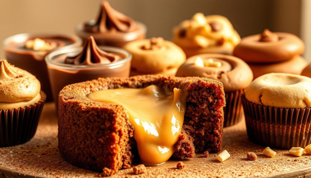 A mouthwatering display of keto-friendly desserts, meticulously crafted with a focus on decadence and nutritional balance. In the foreground, a rich and creamy peanut butter "earthquake" cake, its gooey center cascading over a soft, tender crumb. Surrounding it, an array of tempting treats - silky chocolate mousse cups, buttery almond flour cookies, and creamy low-carb cheesecake bites, all accented by a dusting of cocoa powder and a sprinkling of chopped nuts. The scene is bathed in warm, golden lighting, creating a cozy, inviting atmosphere that beckons the viewer to indulge. The composition is balanced and visually appealing, inviting the viewer to explore the delectable keto-friendly options. A mouthwatering display of keto-friendly desserts, meticulously crafted with a focus on decadence and nutritional balance. In the foreground, a rich and creamy peanut butter "earthquake" cake, its gooey center cascading over a soft, tender crumb. Surrounding it, an array of tempting treats - silky chocolate mousse cups, buttery almond flour cookies, and creamy low-carb cheesecake bites, all accented by a dusting of cocoa powder and a sprinkling of chopped nuts. The scene is bathed in warm, golden lighting, creating a cozy, inviting atmosphere that beckons the viewer to indulge. The composition is balanced and visually appealing, inviting the viewer to explore the delectable keto-friendly options.