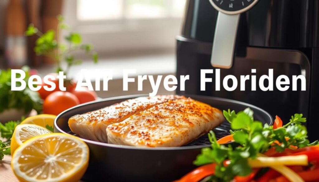 A mouthwatering fish fillet sizzling in an air fryer, surrounded by a vibrant array of fresh ingredients - lemon wedges, herbs, and crisp vegetables. Soft natural lighting illuminates the scene, highlighting the golden-brown texture of the perfectly cooked fish. The air fryer's sleek, modern design is prominently featured, showcasing its efficiency and convenience. In the background, a clean, minimalist kitchen setting creates a calming, appetizing atmosphere. This image showcases the health benefits of air frying fish, from its reduced fat content to the preservation of essential nutrients, making it an ideal choice for the "Best Air Fryer Flounder [2025]" article.