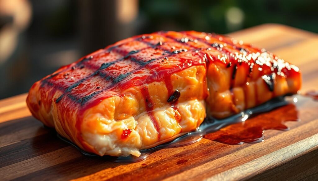 A mouthwatering glazed grilled salmon fillet rests on a wooden board, glistening with a caramelized honey glaze. The salmon's flaky, pink flesh is perfectly cooked, with charred grill marks adorning the surface. The composition is bathed in warm, golden lighting, casting a inviting ambiance. In the background, a blurred, natural setting suggests an outdoor grilling scene. The image evokes the sizzling, aromatic experience of savoring this delectable grilled salmon dish. A mouthwatering glazed grilled salmon fillet rests on a wooden board, glistening with a caramelized honey glaze. The salmon's flaky, pink flesh is perfectly cooked, with charred grill marks adorning the surface. The composition is bathed in warm, golden lighting, casting a inviting ambiance. In the background, a blurred, natural setting suggests an outdoor grilling scene. The image evokes the sizzling, aromatic experience of savoring this delectable grilled salmon dish.