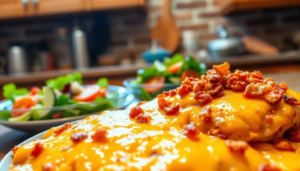A mouthwatering homemade chicken casserole sits prominently in the foreground, its golden-brown surface glistening invitingly under warm, soft lighting. Melted cheddar cheese and crispy bacon bits generously adorn the top, creating a delectable contrast of textures and flavors. In the middle ground, a side salad with fresh greens, juicy tomatoes, and a light vinaigrette dressing adds a refreshing balance. The background features a cozy, rustic kitchen setting with wooden cabinets, exposed brick walls, and a hint of natural light filtering in, evoking a sense of homemade comfort and culinary delight. A-mouthwatering-homemade-chicken-casserole-sits-prominently-in-the-foreground-its-golden-brown