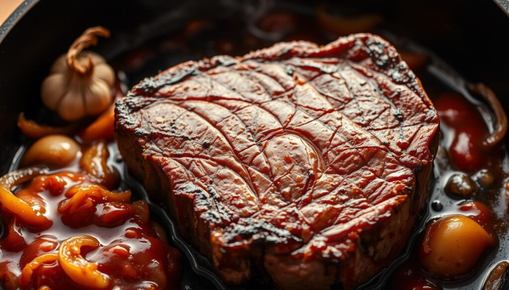 A mouthwatering ribeye steak sizzling on a cast-iron skillet, its rich, marbled interior glistening under warm, golden lighting. The steak is surrounded by a selection of classic southern ingredients - slow-simmered onions, garlic, and a tantalizing Mississippi-style barbecue sauce, creating a rustic, homestyle scene. The composition showcases the steak's tender texture and robust flavor, inviting the viewer to imagine the comforting aroma and satisfying taste of this regional culinary delight. The image exudes a cozy, down-to-earth atmosphere, perfectly capturing the essence of the "Slow Cooker Mississippi Ribeye Steaks" article and its "Introduction to Mississippi Ribeye Steaks" section. A mouthwatering ribeye steak sizzling on a cast-iron skillet, its rich, marbled interior glistening under warm, golden lighting. The steak is surrounded by a selection of classic southern ingredients - slow-simmered onions, garlic, and a tantalizing Mississippi-style barbecue sauce, creating a rustic, homestyle scene. The composition showcases the steak's tender texture and robust flavor, inviting the viewer to imagine the comforting aroma and satisfying taste of this regional culinary delight. The image exudes a cozy, down-to-earth atmosphere, perfectly capturing the essence of the "Slow Cooker Mississippi Ribeye Steaks" article and its "Introduction to Mississippi Ribeye Steaks" section.
